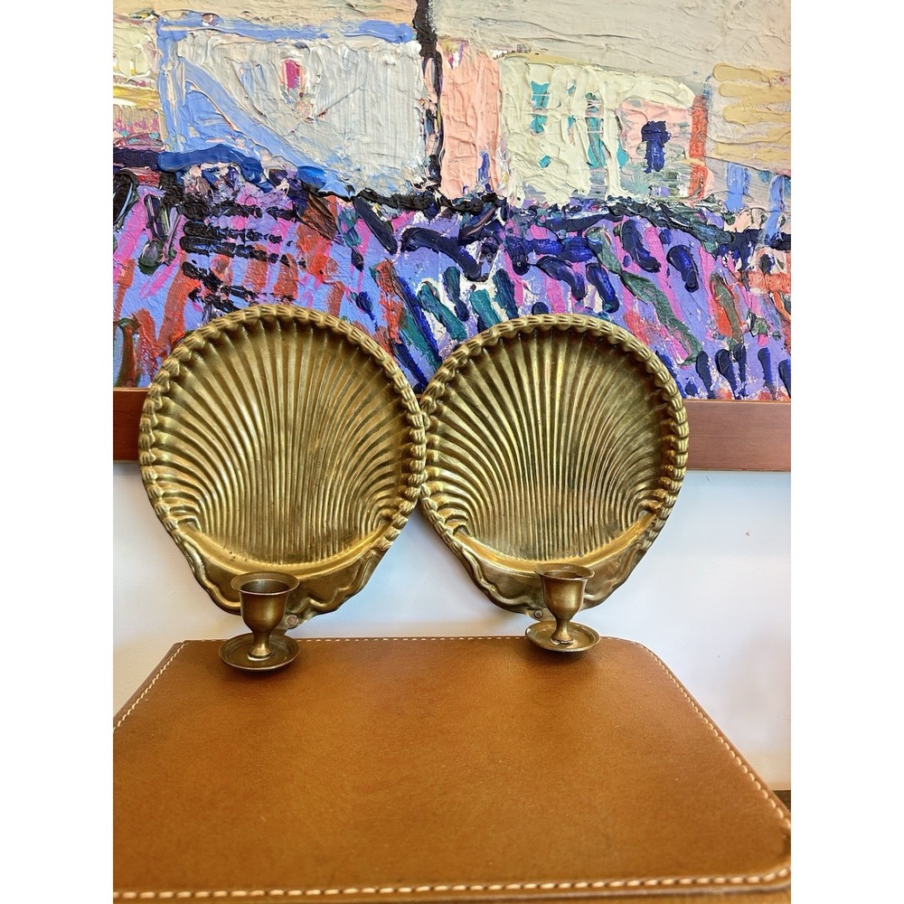 VTG Brass Seashell Wall Candle Sconces Pair Scallop Clamshell Hollywood Regency